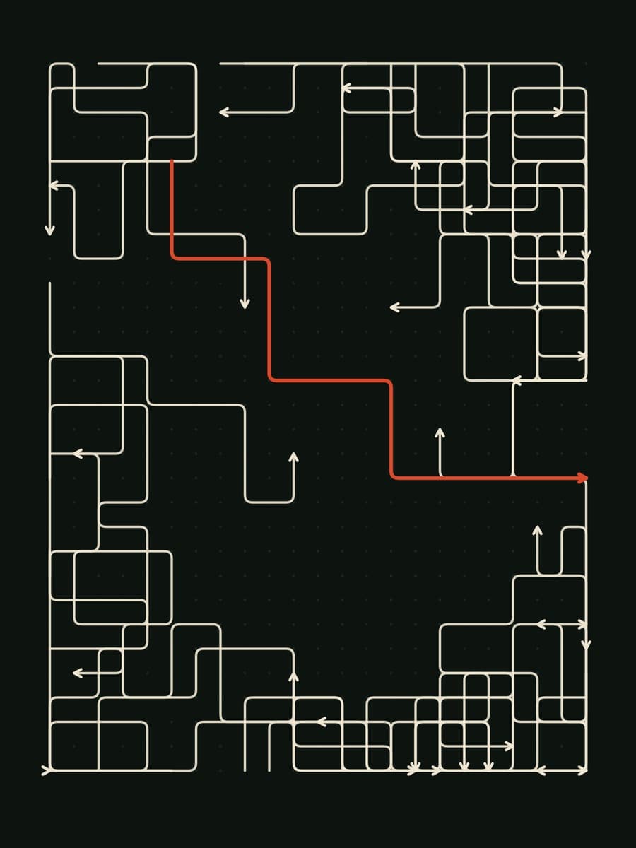 Arrows.ug key art — an arrow maze with one route solved in orange, leaving the grid on the right