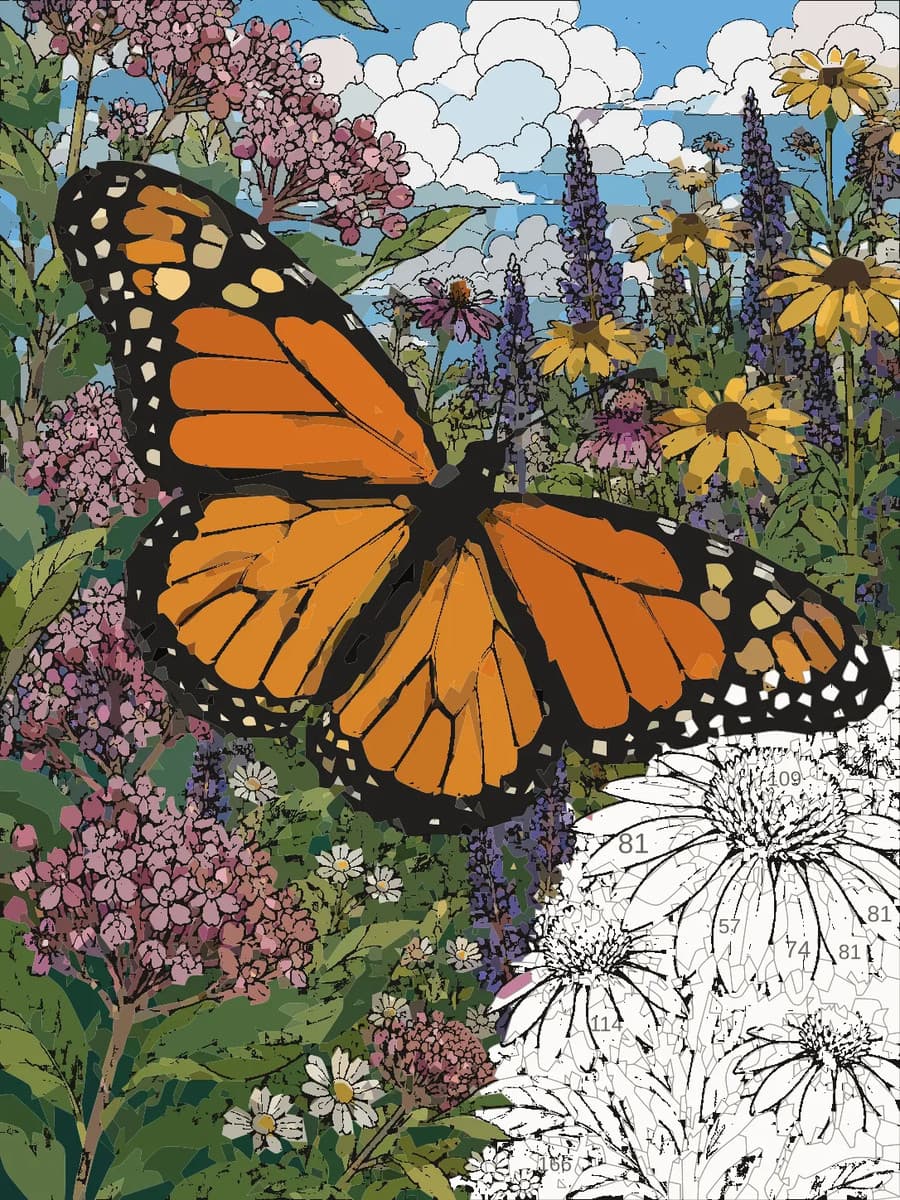 A monarch butterfly picture part-filled, the unpainted flowers still showing their numbers