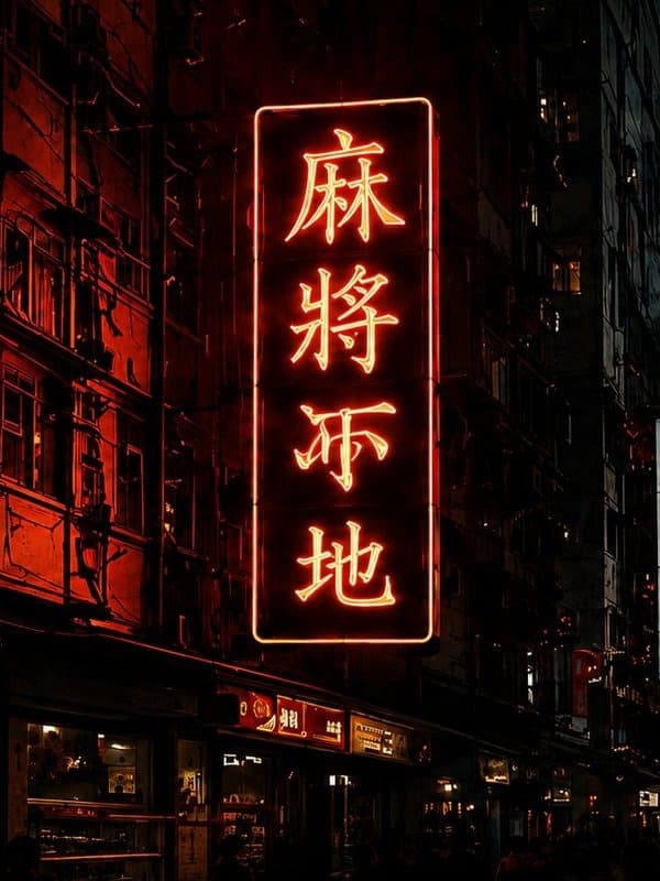 A Hong Kong street at night, a tall neon sign reading 麻將勝地 above a row of lit shopfronts