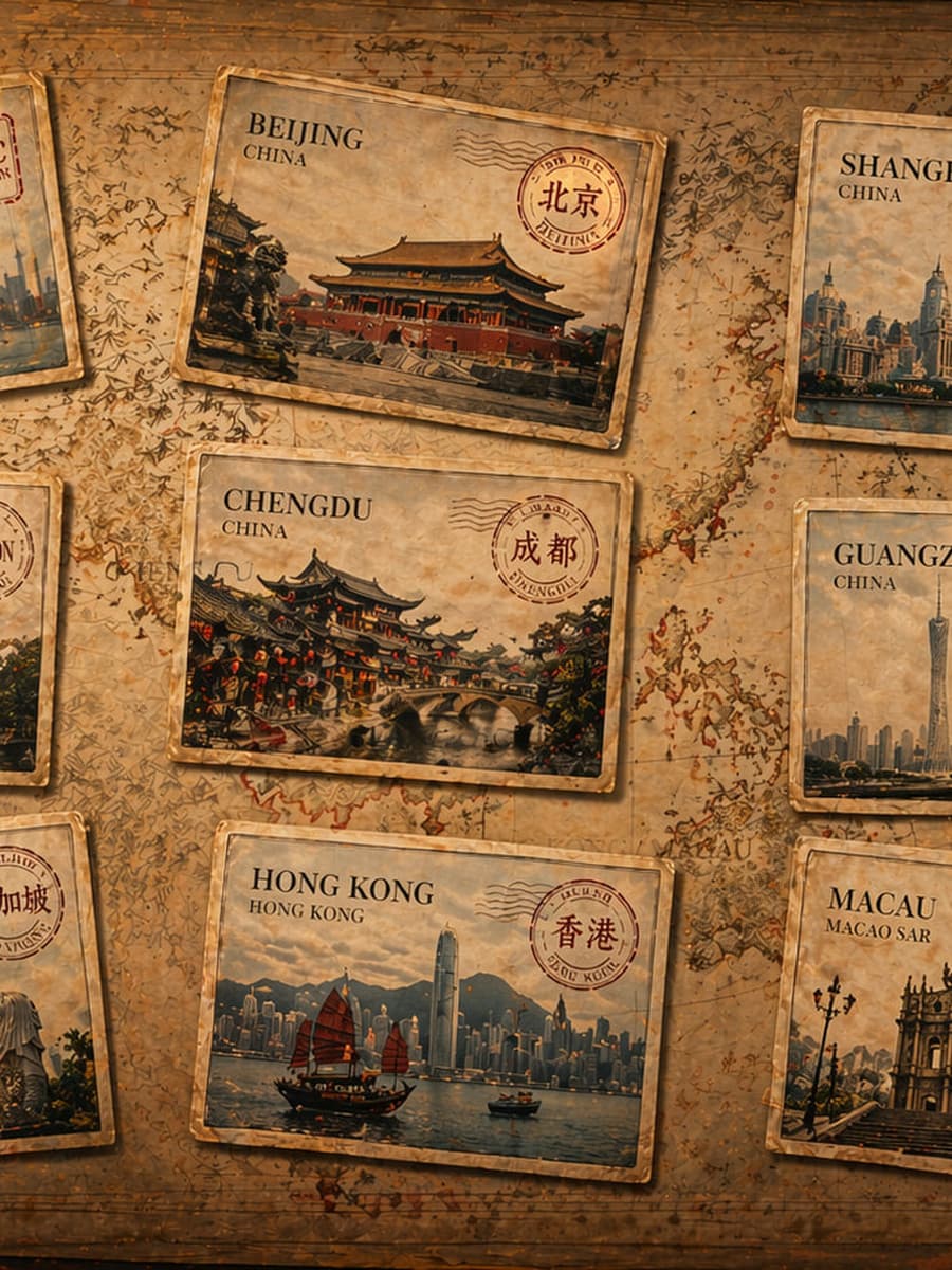 City postcards and a mahjong tile rack on an old map