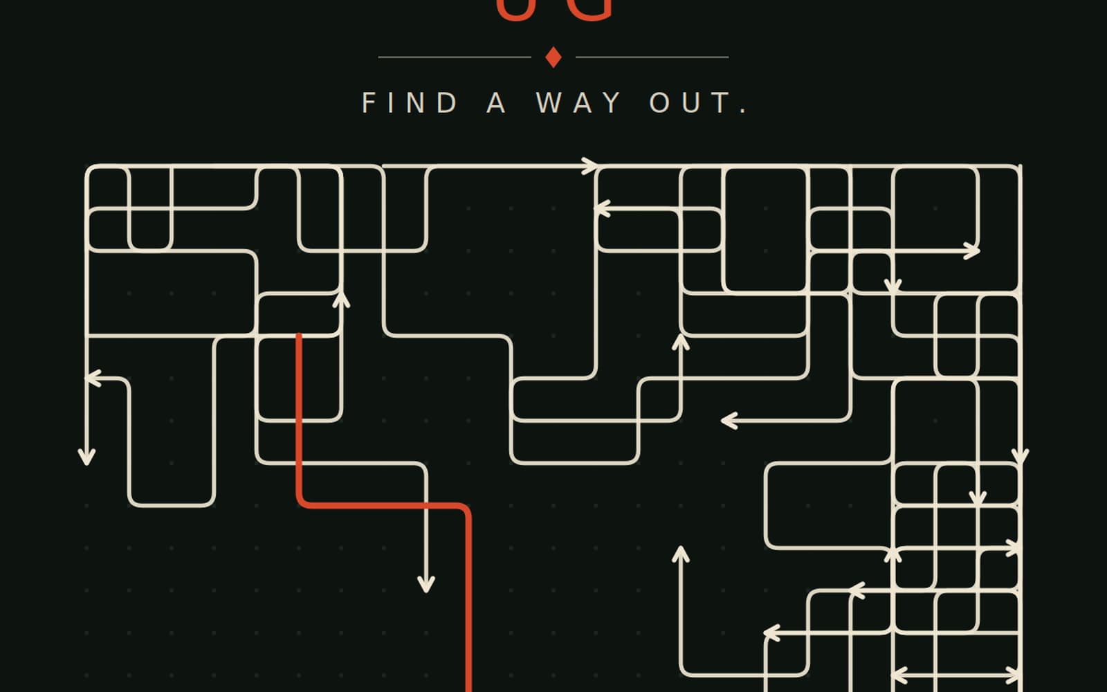 Arrows.ug key art — an interlocking maze of cream arrows on near-black, one route picked out in orange finding its way off the right edge