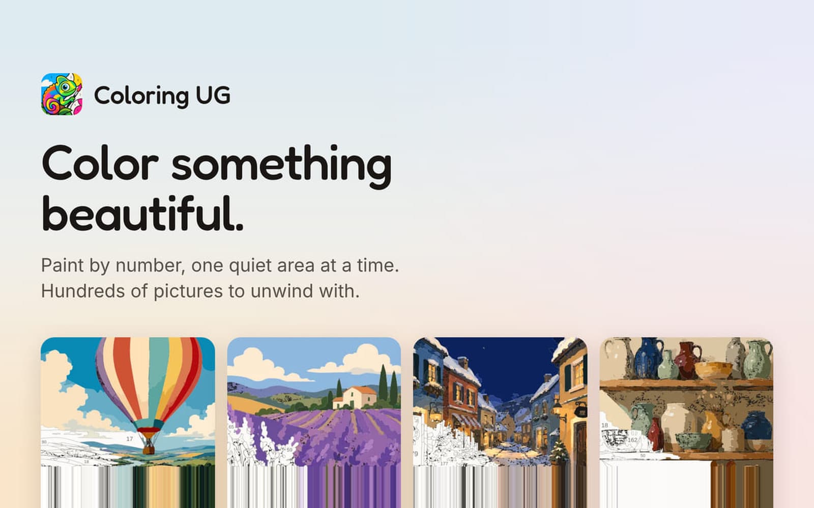 Coloring.ug — the chameleon mark beside the line "Color something beautiful", over four pictures part-filled
