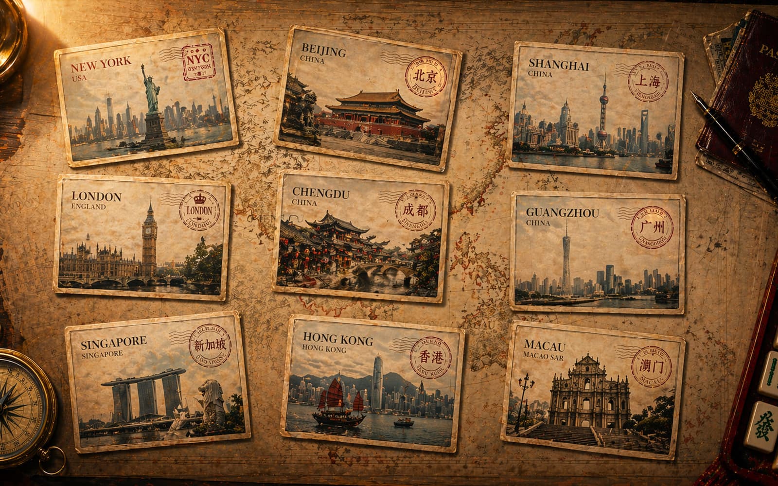 Mahjong Underground campaign art — nine city postcards laid out on an old map beside a compass and a tile rack