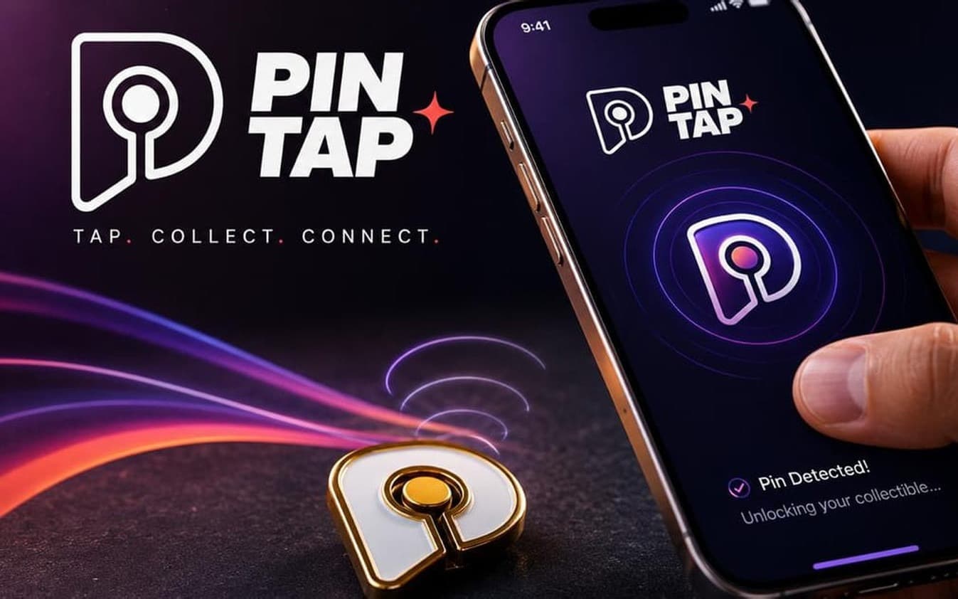 PinTap — a hand holding a phone reading a gold enamel pin, the screen showing "Pin Detected — unlocking your collectible"