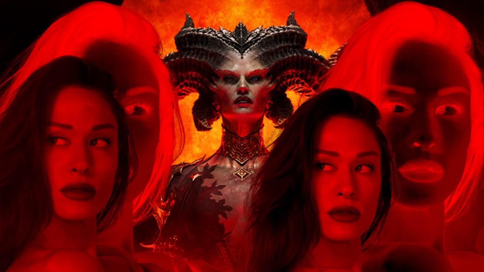 The SuperModelGamer channel banner — Lilith from Diablo IV between four red-lit portraits of Carley